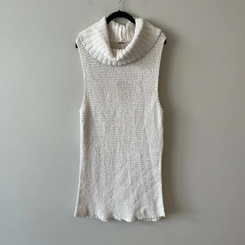 Free People Turtleneck Sleeveless Side Slits Casual Pullover Sweater White Small - Picture 2 of 8